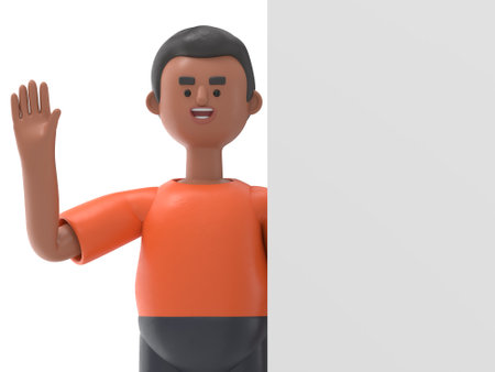 3D illustration of afro man with hand up, stands behind the blank poster,Transparent Background Mockup.Supports PNG files with transparent backgrounds.の写真素材