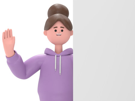 3D illustration of Asian girl with hand up, stands behind the blank poster, Transparent Background Mockup. Supports PNG files with transparent backgrounds.の写真素材