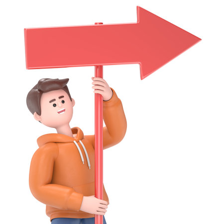 3D illustration of thinking male guy Qadir leaning towards empty directional arrow signpost or...