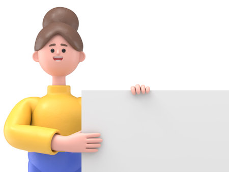 3D illustration of Asian woman Angela stands with white blank board.Transparent Background Mockup.Supports PNG files with transparent backgrounds.の写真素材