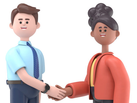 3D illustration of business handshake. Cute cartoon characters standing and shaking hands.Transparent Background Mockup.Supports PNG files with transparent backgrounds.の写真素材