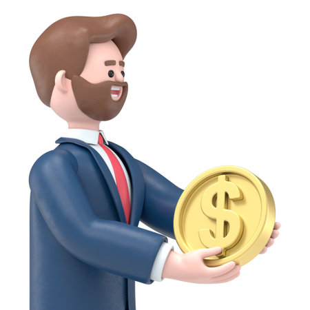 3D illustration of bearded american businessman Bob with coin. Transparent Background Mockup. Supports PNG files with transparent backgrounds.の写真素材