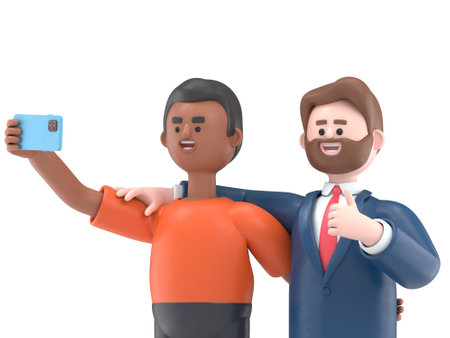 3D illustration of cartoon characters. Selfie photo with a friend.Transparent Background Mockup.Supports PNG files with transparent backgrounds.の写真素材