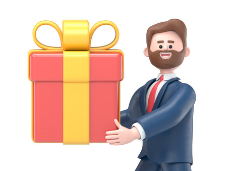 3D illustration of bearded american businessman Bob with a Gift Box.Transparent Background Mockup.Supports PNG files with transparent backgrounds.の写真素材