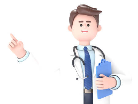 3D illustration of Male Doctor Lincoln shows finger up holds blank clipboard.Transparent Background Mockup.Supports PNG files with transparent backgrounds.の写真素材