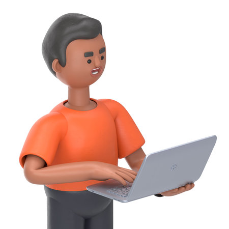3D illustration of handsome man David holding laptop.Transparent Background Mockup.Supports PNG files with transparent backgrounds.の写真素材