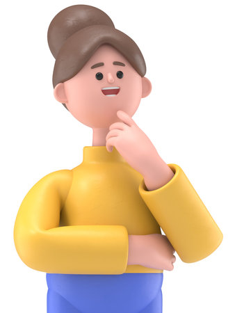 3D illustration of Asian woman Angela surrounded by question marks.Transparent Background Mockup.Supports PNG files with transparent backgrounds.の写真素材