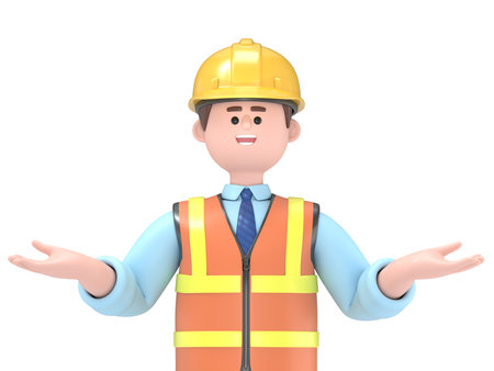 3D illustration of male engineer Owen surrounded by question marks.Transparent Background Mockup.Supports PNG files with transparent backgrounds.の写真素材