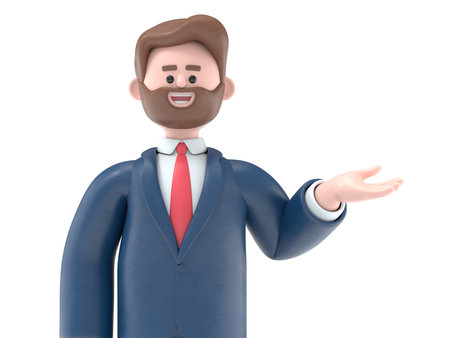 3D illustration of bearded american businessman Bob pointing finger at screen,Transparent Background Mockup.Supports PNG files with transparent backgrounds.の写真素材