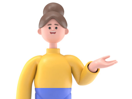3D illustration of Asian woman Angela pointing finger at screen,Transparent Background Mockup.Supports PNG files with transparent backgrounds.の写真素材