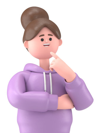 3D illustration of Asian girl Renae surrounded by question marks.Transparent Background Mockup.Supports PNG files with transparent backgrounds.の写真素材