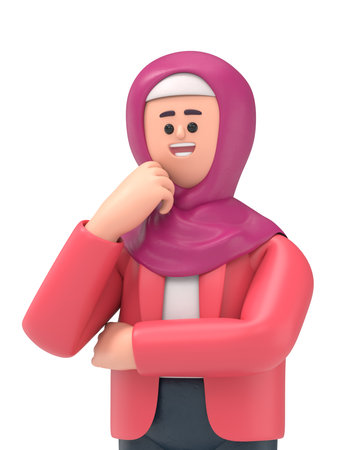 3D illustration of smiling Arab woman Ghaliyah surrounded by question marks.Transparent Background Mockup.Supports PNG files with transparent backgrounds.の写真素材