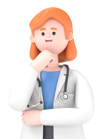 3D illustration of Female Doctor Nova surrounded by question marks.Transparent Background Mockup.Supports PNG files with transparent backgrounds.の写真素材
