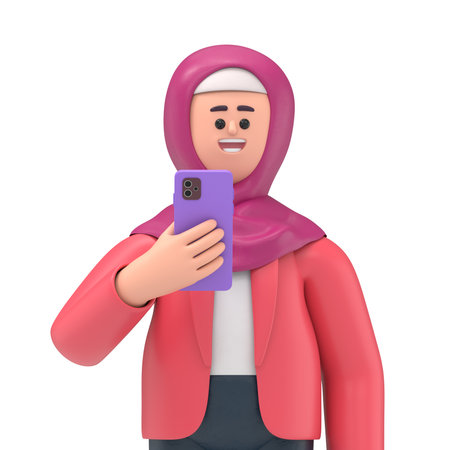 3D illustration of smiling Arab woman Ghaliyah with phone.Transparent Background Mockup.Supports PNG files with transparent backgrounds.の写真素材