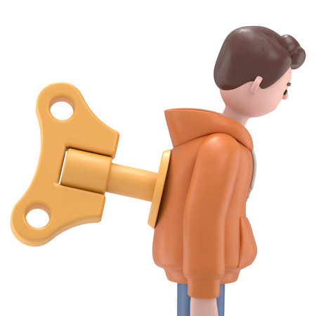 Turning wind up key on 3D illustration of smiling woman. Transparent Background Mockup. Supports PNG...