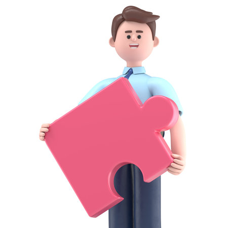 3D illustration of Asian man Felix connecting puzzle elements.Transparent Background Mockup.Supports PNG files with transparent backgrounds.の写真素材