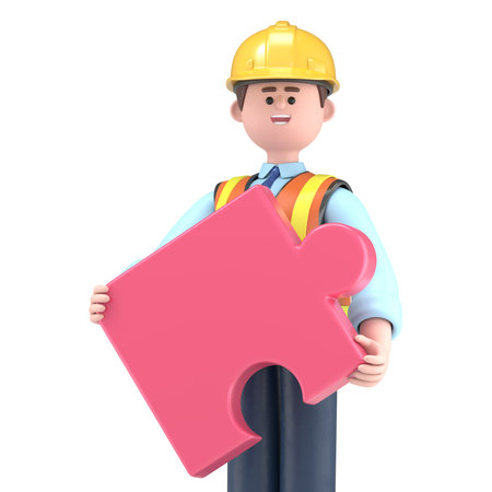 3D illustration of male engineer Owen holding puzzle piece, Transparent Background Mockup.Supports PNG files with transparent backgrounds.の写真素材