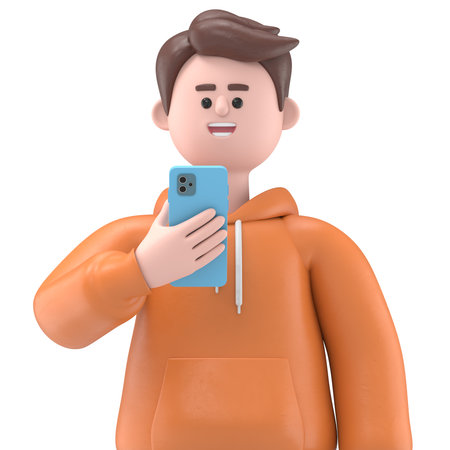 3D illustration of male guy Qadir with phone.Transparent Background Mockup.Supports PNG files with transparent backgrounds.の写真素材