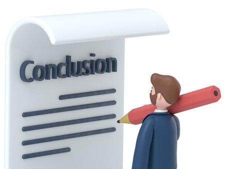 3D illustration of bearded american businessman Bob writes conclusion, report concept. Paperwork, sheets in folder.Supports PNG files with transparent backgrounds.の写真素材