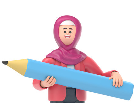 3D illustration of smiling Arab woman Ghaliyah with pencil.Transparent Background Mockup.Supports PNG files with transparent backgrounds.の写真素材
