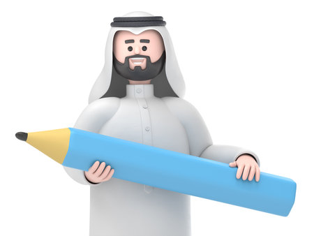 3D illustration of smiling Arab man with pencil.Transparent Background Mockup.Supports PNG files with transparent backgrounds.の写真素材