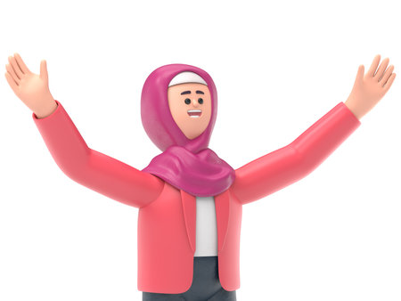3D illustration of smiling Arab woman Ghaliyah is superstar.Transparent Background Mockup.Supports PNG files with transparent backgrounds.の写真素材