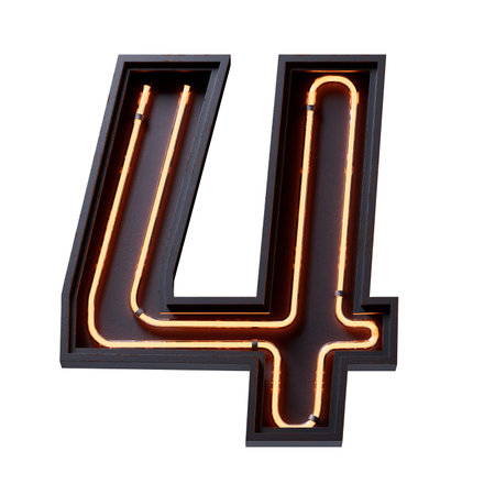 3D illustration of orange Neon light digit number character 4 font. Neon tube number orange glow...