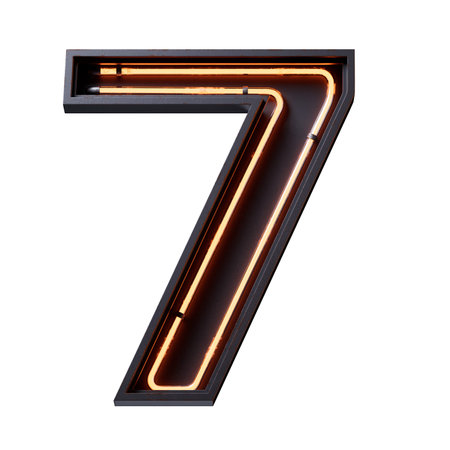 3D illustration of orange Neon light digit number character 7 font. Neon tube number orange glow...