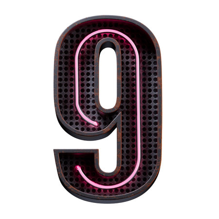 3D illustration of Pink Neon light digit number character 9 font. Neon tube number Pink glow effect...