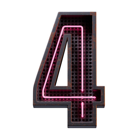 3D illustration of Pink Neon light digit number character 4 font. Neon tube number Pink glow effect...