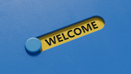 welcome on slide switch. Strategy.close up of slide switch,Business Concept.3D rendering on blue...