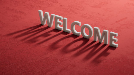 welcome on shadow of 3d charcaters. Business. Strategy.close up of shadow of 3d charcaters,Business Concept.3D rendering on red background.の写真素材