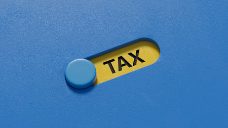 Tax. slide switch form the word Tax. Pay tax in NEW years. 3D rendering on blue background.の写真素材