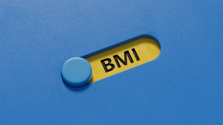 Cubes form the expression BMI (Body Mass Index).3D rendering on blue background.
