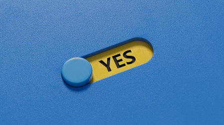 The word Yes written in black letters on wooden blocks. Message spells Yes. Business, motivation and education concept.3D rendering on blue background.の写真素材