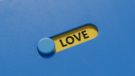 love.slide switch spelling.Flat lay view from above on slide switch buttons.IT technology concept.3D rendering on blue background.の写真素材