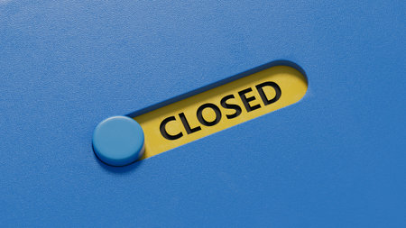 Closed - word concept. Minimalist Abstract Design. close up of slide switch,Business Concept. 3D rendering on blue background.の写真素材