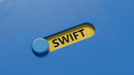 slide switch with swift business word.close up of slide switch,Business Concept.3D rendering on blue...