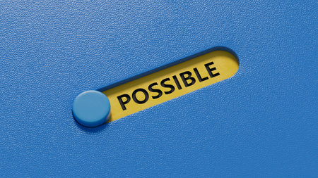 possible.slide switch spelling.Flat lay view from above on blue background with slide switch...