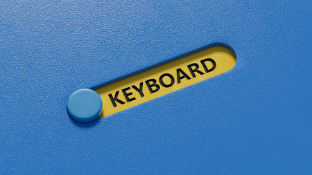 Keyboard.slide switch spelling.Flat lay view from above on blue background with slide switch...