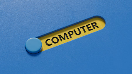 computer.slide switch spelling.Flat lay view from above on slide switch buttons.IT technology concept.3D rendering on blue background.の写真素材