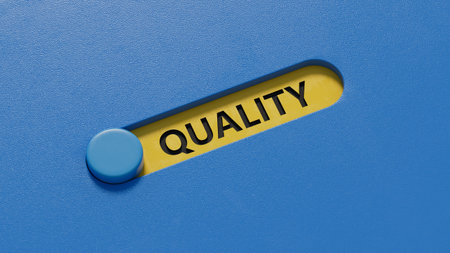 Word QUALITY on slide switch. Evaluation of good or services business concept.3D rendering on blue...