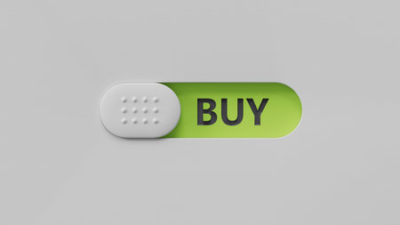 Buy. slide switch form the word Buy. The concept of the word Buy. 3D rendering on green background.の写真素材
