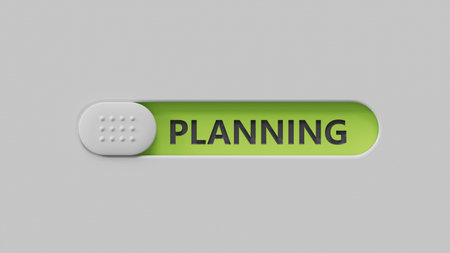 Planning.slide switch spelling.Flat lay view from above on green background with slide switch...