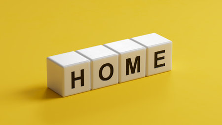 Home.wooden cubes spelling.Flat lay view from above on wooden cubes buttons.IT technology concept.3D rendering on yellow background.の写真素材