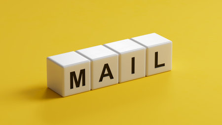 Mail.wooden cubes spelling.Flat lay view from above on wooden cubes buttons.IT technology concept.3D...