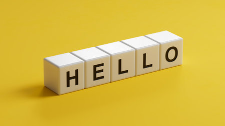 3D illustration of HELLO in English, using a sleek modern font. It symbolizes a warm welcome and friendly greeting, perfect for digital and print media.wooden cubes.の写真素材