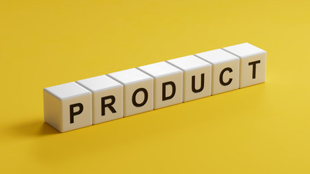 Product word with letters on wooden blocks on wooden table. Product or services sales business...