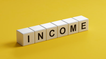 wooden cubes with INCOME word.close up of wooden cubes,Business Concept.3D rendering on yellow...