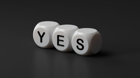 The word Yes written in black letters on wooden blocks. Message spells Yes. Business, motivation and education concept.3D rendering on black background.の写真素材